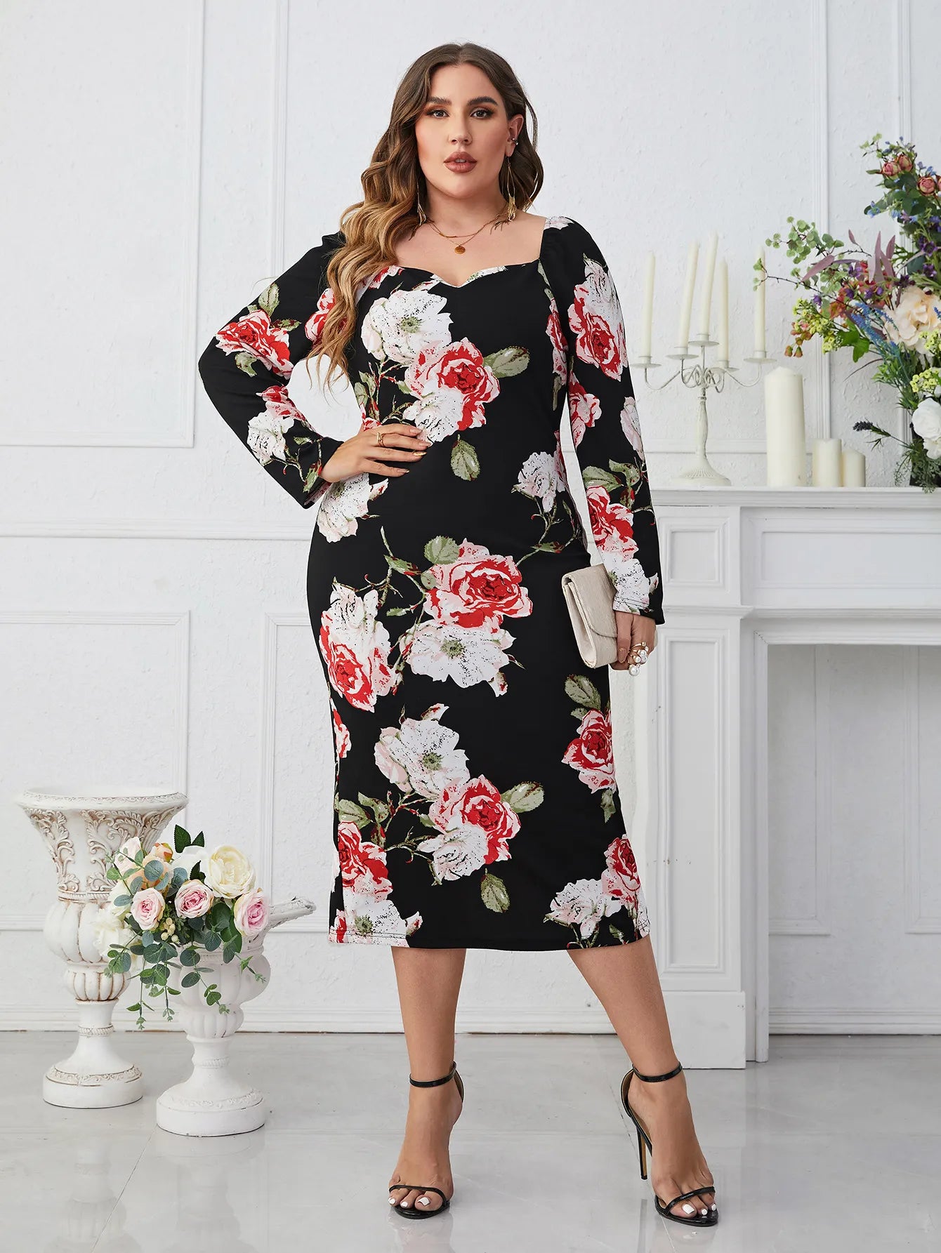 Flower Printed Square Collar Wrap Midi Dress