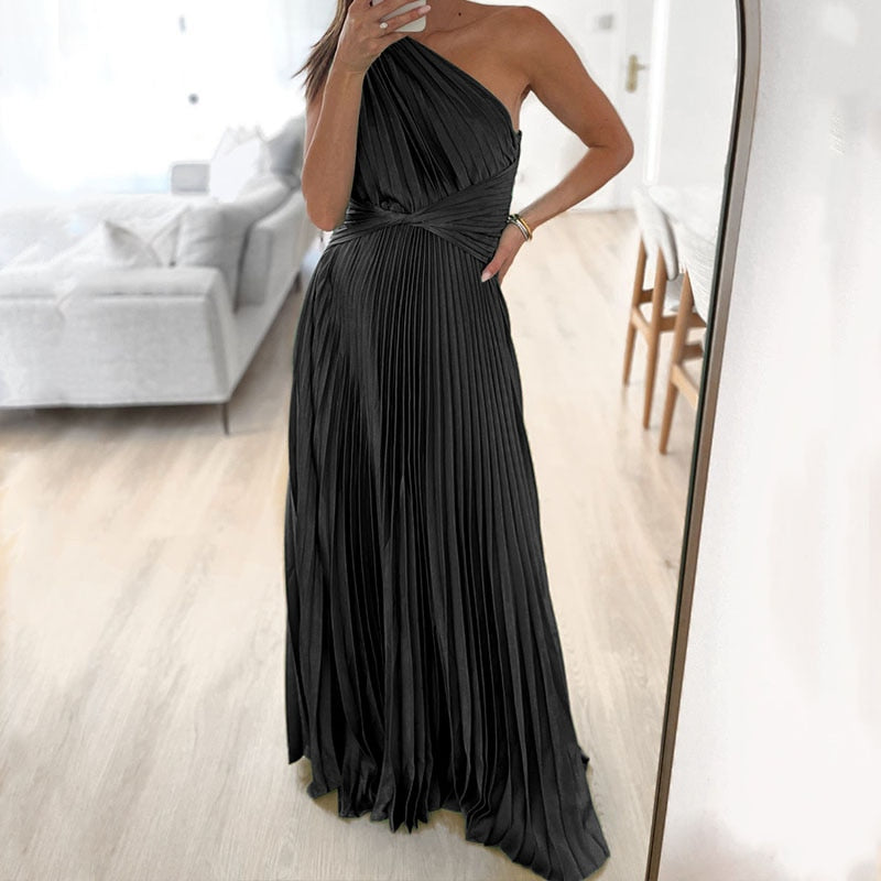 Off Shoulder Banquet Oblique Collar Pleated Maxi Dress