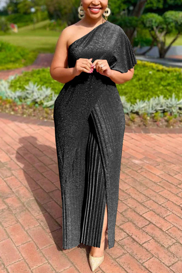 Elegant Pleated One Shoulder Wide Leg Pants Jumpsuit