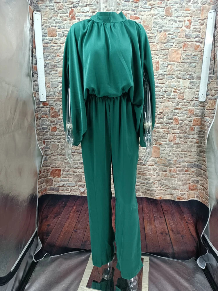 Elegant Casual Long Sleeve Elastic Waist Loose Wide Legs Pant Jumpsuit