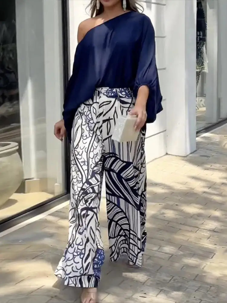 Off-shoulder Top and Printed Wide Leg Two Piece Pants Set