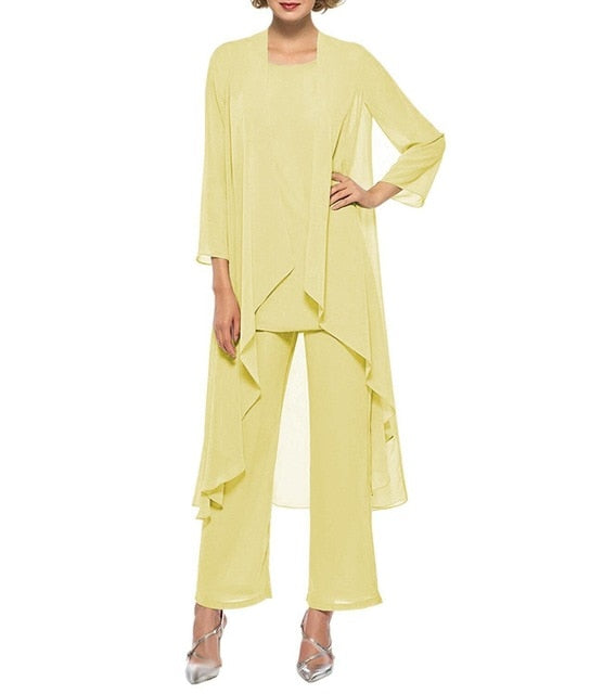 Chiffon Pleated Three Piece Blazer Blouse and Pants Dress Suit