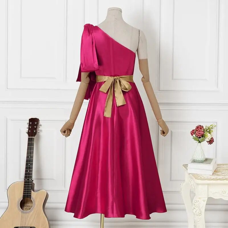 Off Shoulder Satin Belted Sleeveless Dress