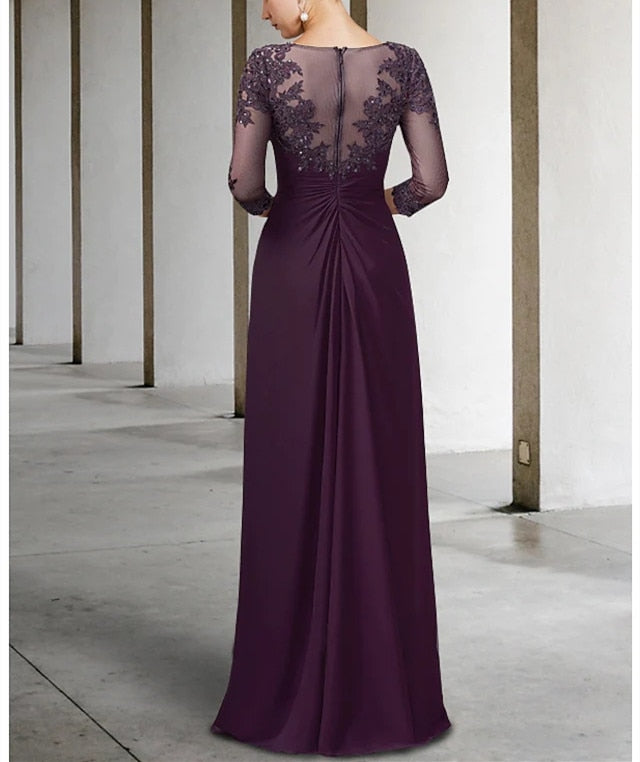 Long Elegant Chiffon Appliques Jewel Neck Floor Length Dress