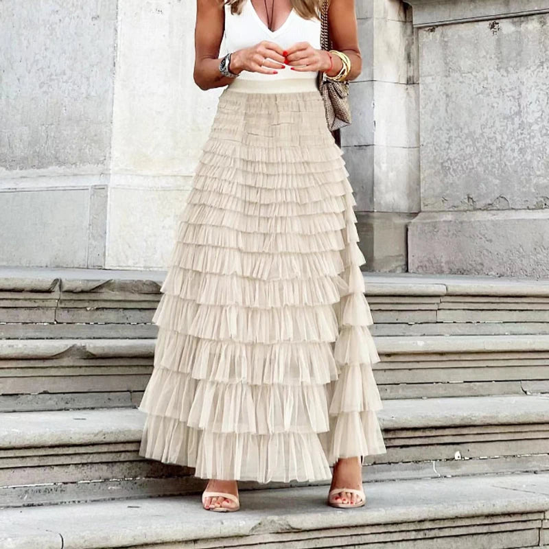 Pleated Long Ruffle Mesh Lace Maxi Style Skirt