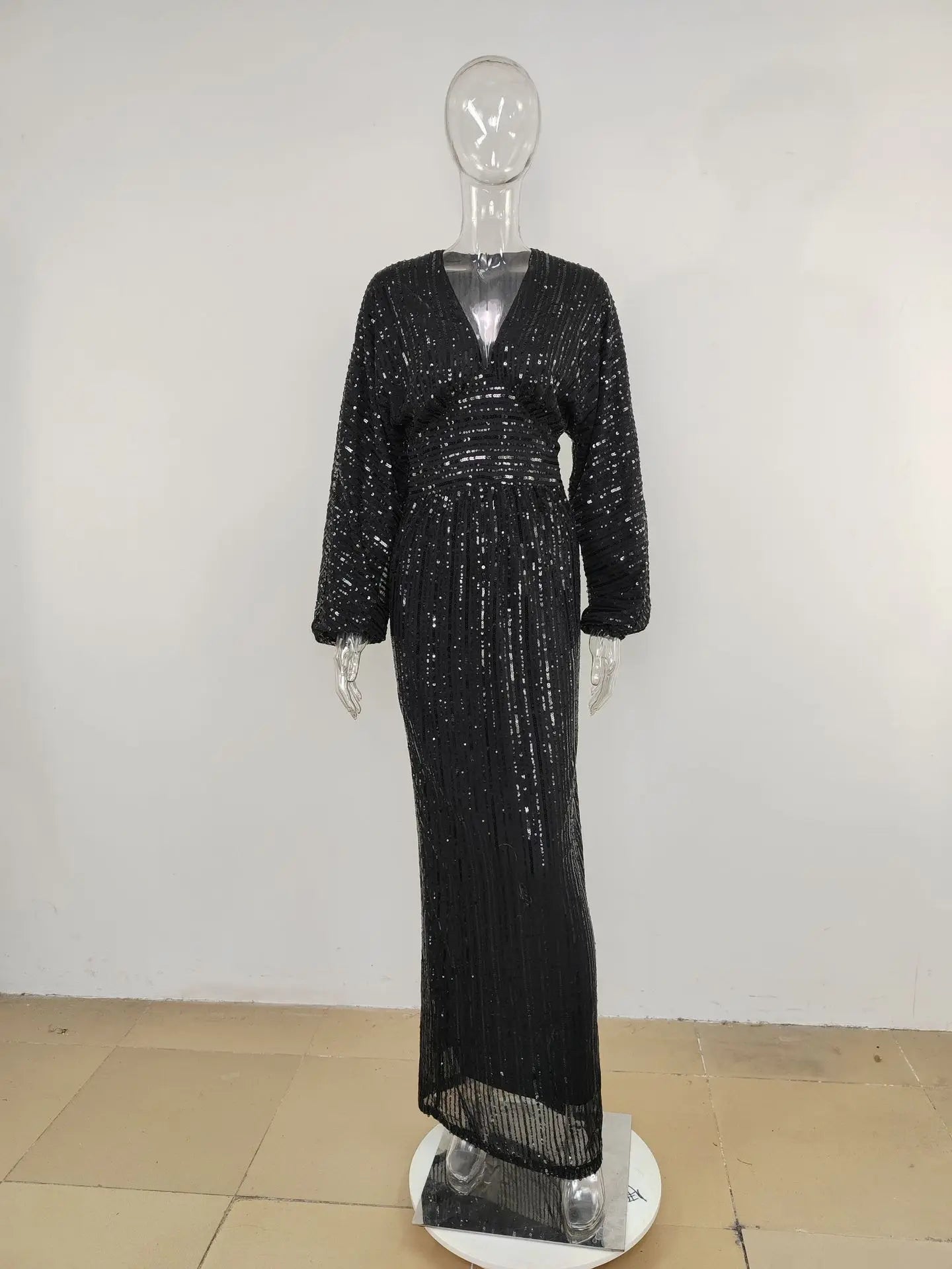 Sequin Deep V Neck  Floor Length Evening Cocktail Dress