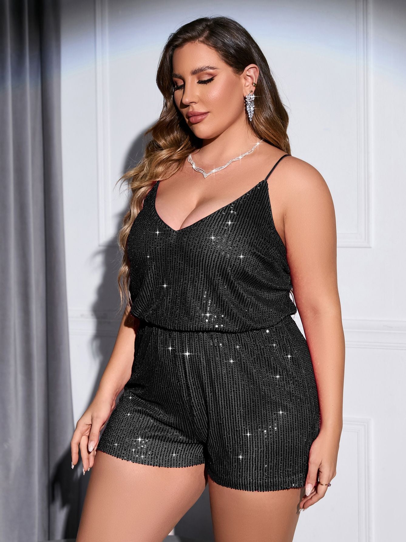 V Neck Sexy Sequin Cami Elastic Belted Shorts Jumpsuit