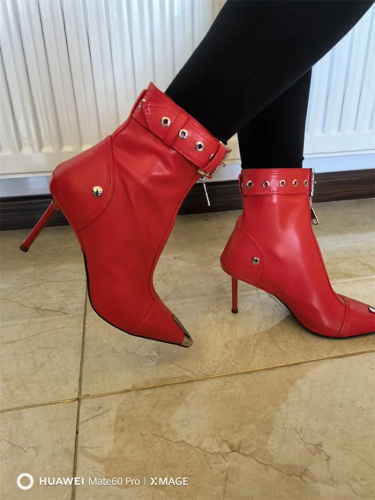 Belt Buckle Front Zipper Short Pointed Toe High Heels Ankle Boots