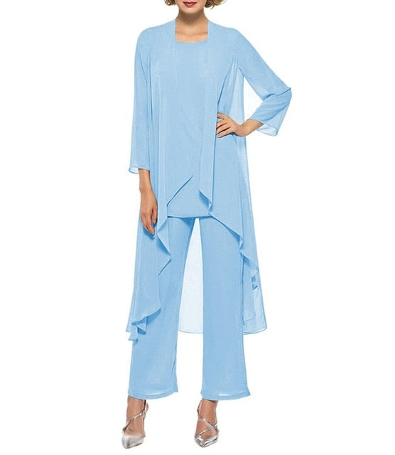 Chiffon Pleated Three Piece Blazer Blouse and Pants Dress Suit