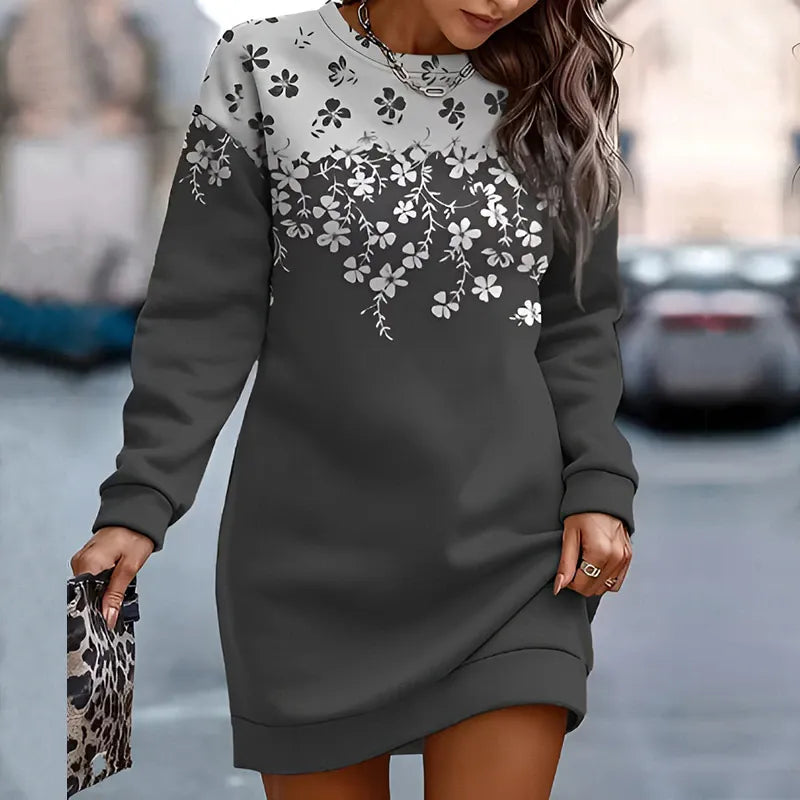 Casual Straight Pullover Retro Pattern Printed A-line Sweatshirt Dress