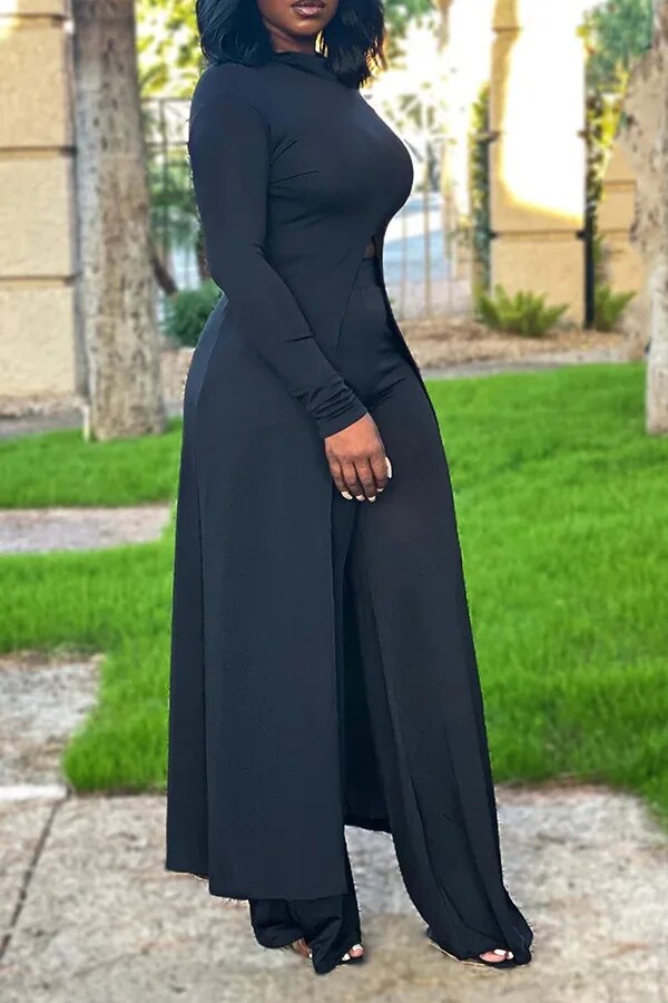 Two Piece Set with Slit Long Sleeves Top And Wide Leg High Waist Pants