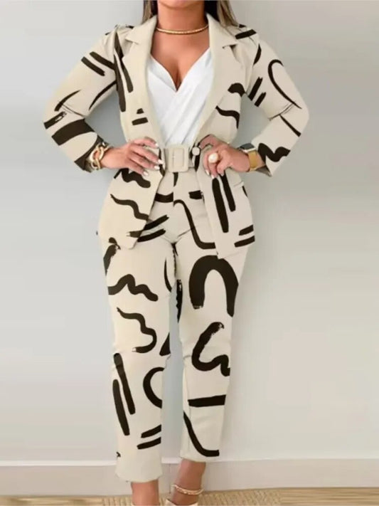 Long Sleeve Suit Jacket And Printed Trouser Pants Two Piece Set