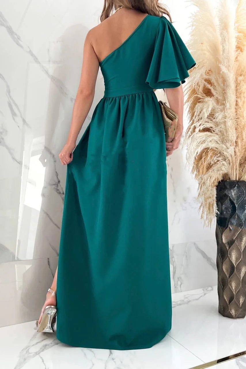 Evening Ruffle Slanted Shoulder Hem Slit Dress