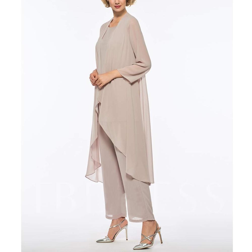 Chiffon Pleated Three Piece Blazer Blouse and Pants Dress Suit