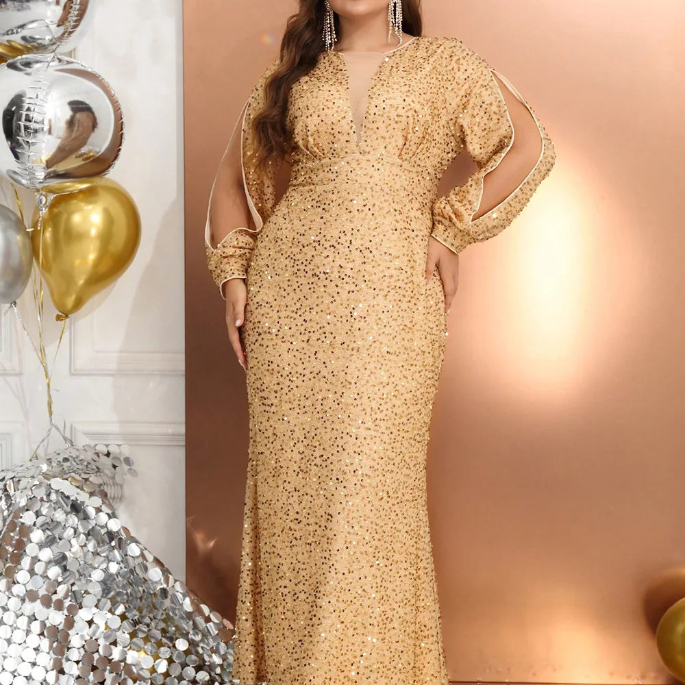 Sequins Splicing Long-sleeved V-neck Evening Dress