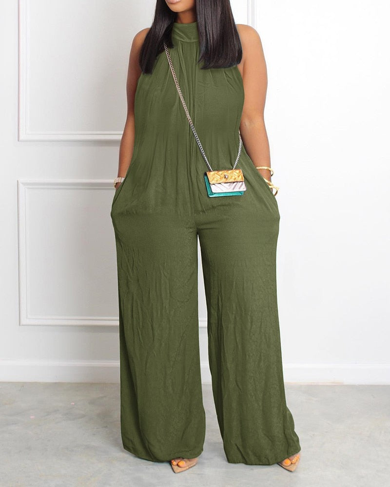 Casual Wide Leg Round Neck Loose Jumpsuit