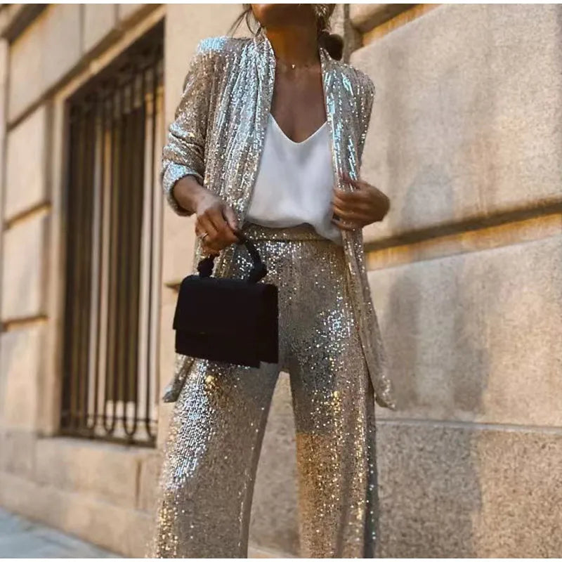Sequined Jacket And Flare Leg Pant Suit