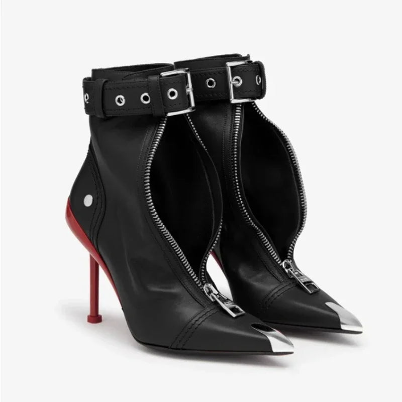 Belt Buckle Front Zipper Short Pointed Toe High Heels Ankle Boots