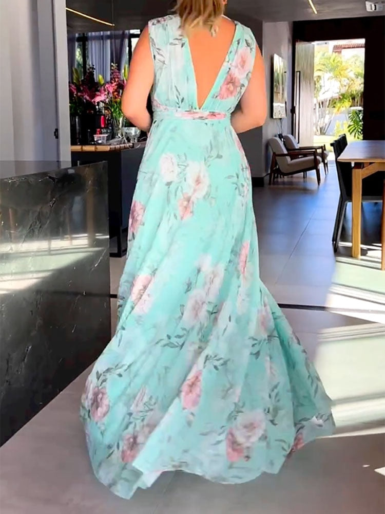 Sleeveless Floral Print Deep V Maxi Dress