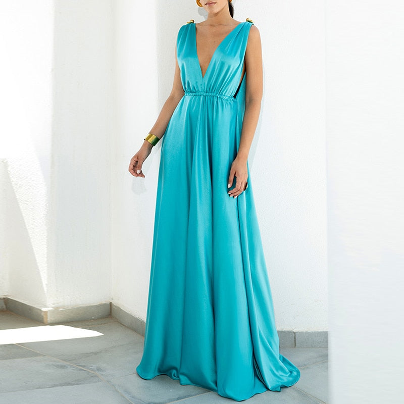 V-Neck Backless Maxi Retro Sleeveless Pleat Maxi Dress