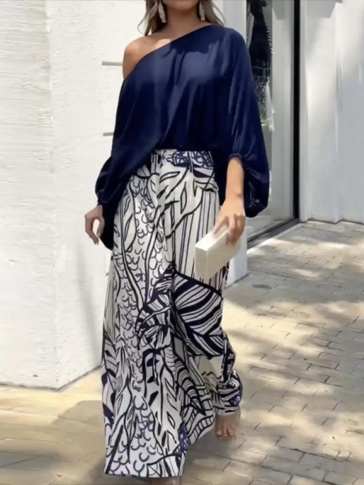 Off-shoulder Top and Printed Wide Leg Two Piece Pants Set