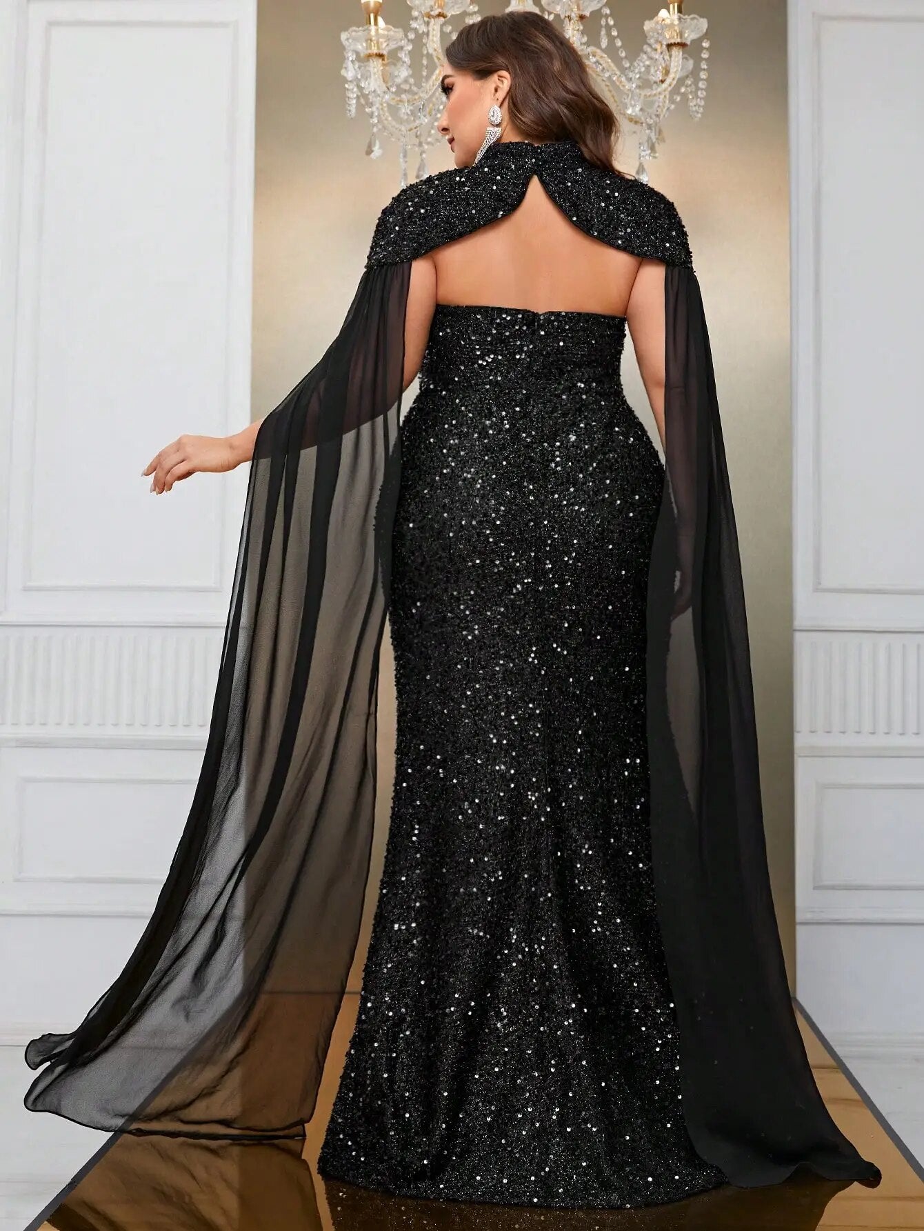 Strapless Cape Sequin Dress