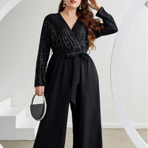 Lace-up V-neck Sequin  Jumpsuit