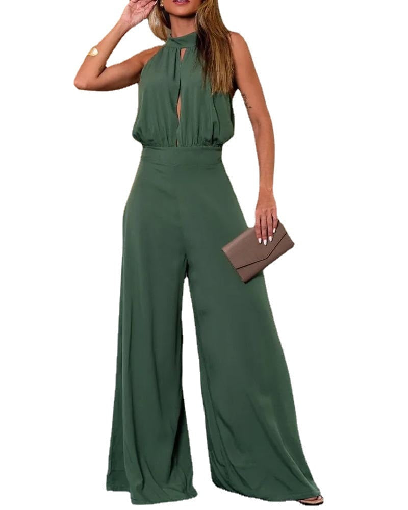 One Piece Halter Neck Long V Neck Sleeveless Wide Leg Jumpsuit