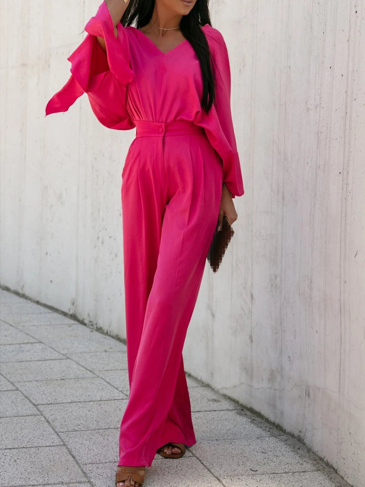 Long Sleeve Lace-Up V-Neck Top and High Waist Pants Suit