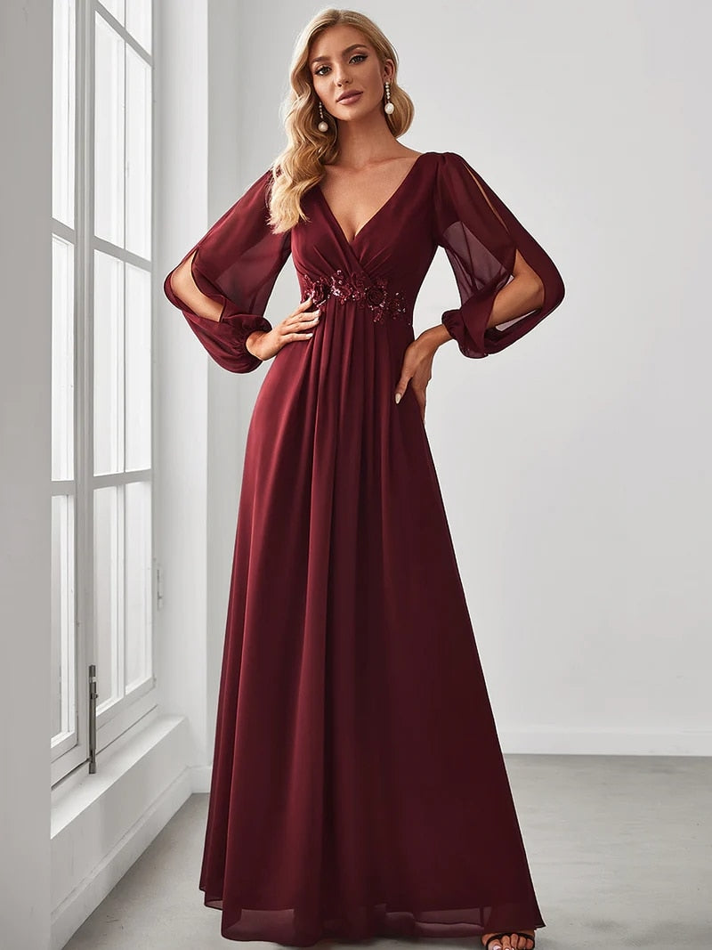 Slit Lantern Sleeve V-Neck A-Line Floor-Length Dress