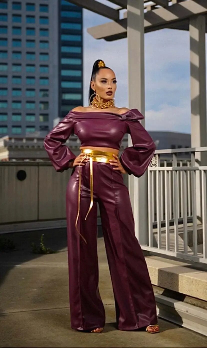 PU Leather Two-Piece Off Shoulder Long Sleeve Tops And Wide Leg Pants Set
