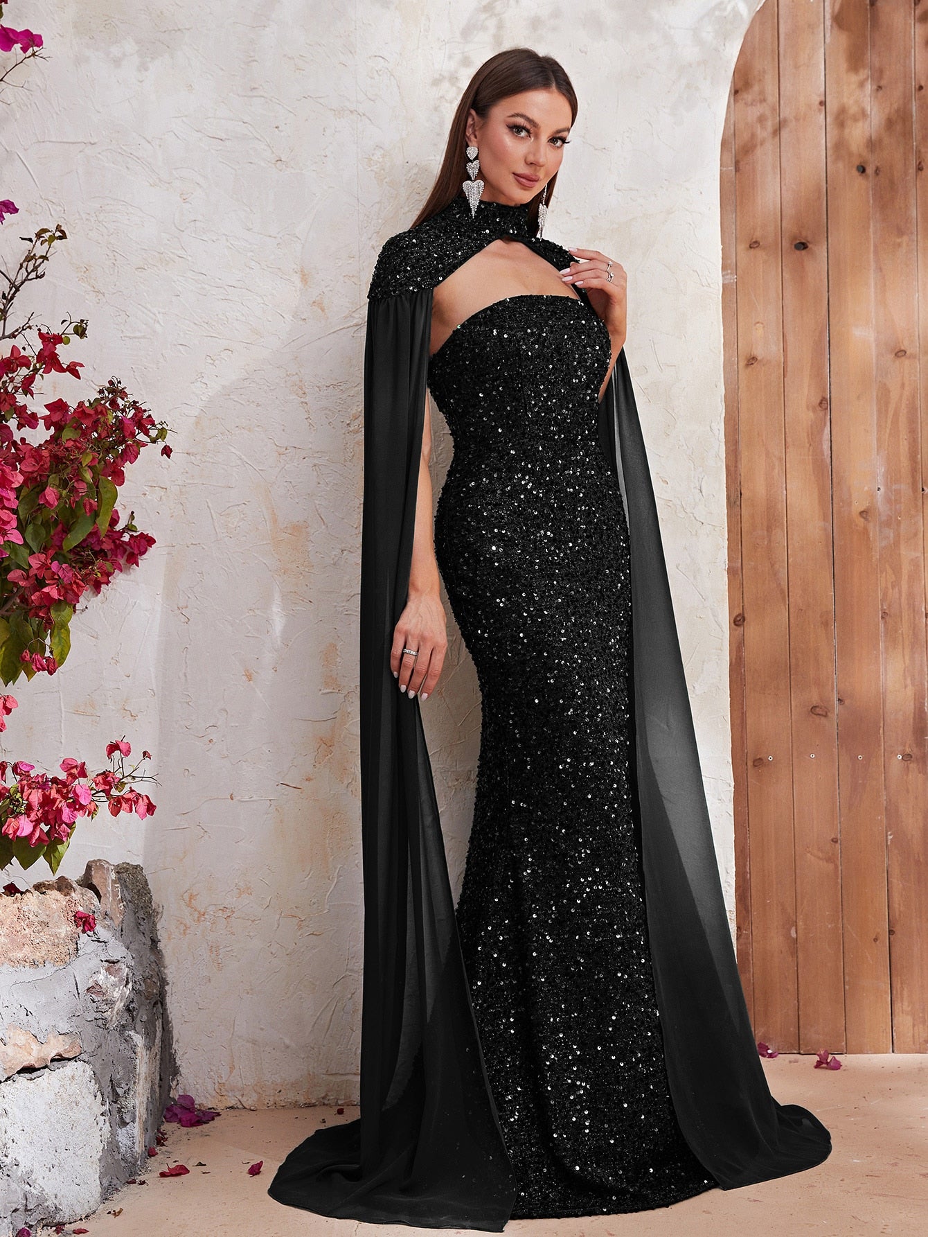 Shawl Sleeve Mock Neck Sequin Evening Dress