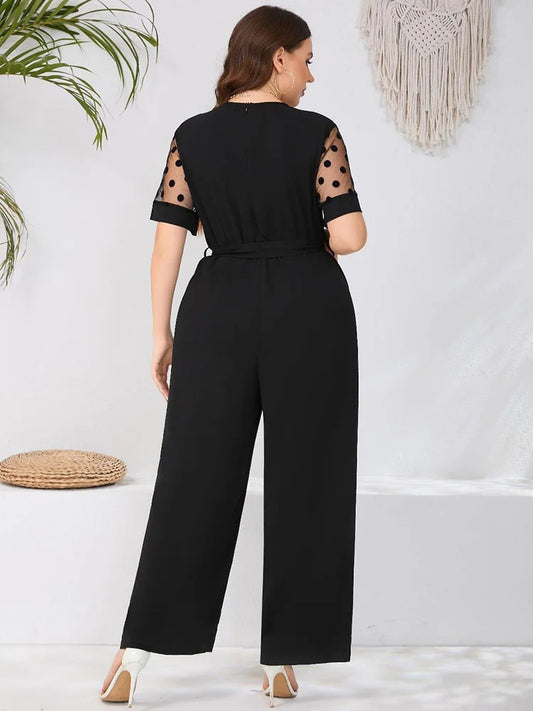 Mesh Sleeve Belted V-neck High Waist Jumpsuit