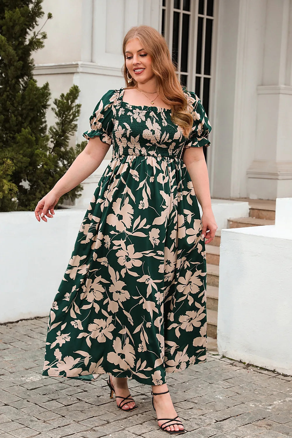 Square Neck Floral Print Puff Sleeve Swing Maxi Dress