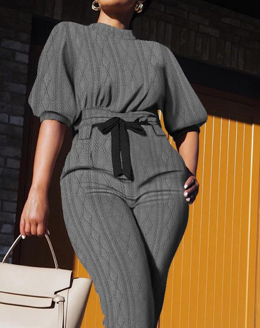 Detail Tied Textured Mock Neck Half Sleeve Jumpsuit