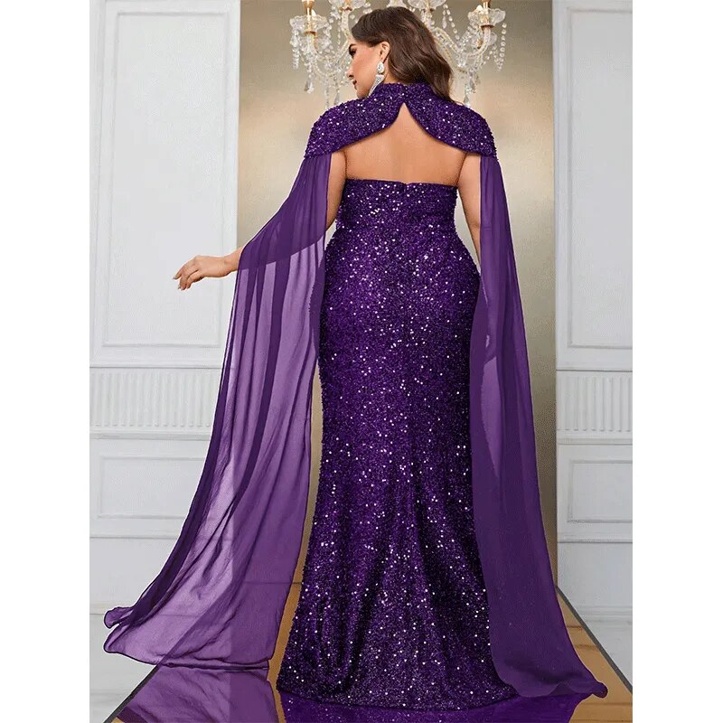 Strapless Cape Sequin Dress