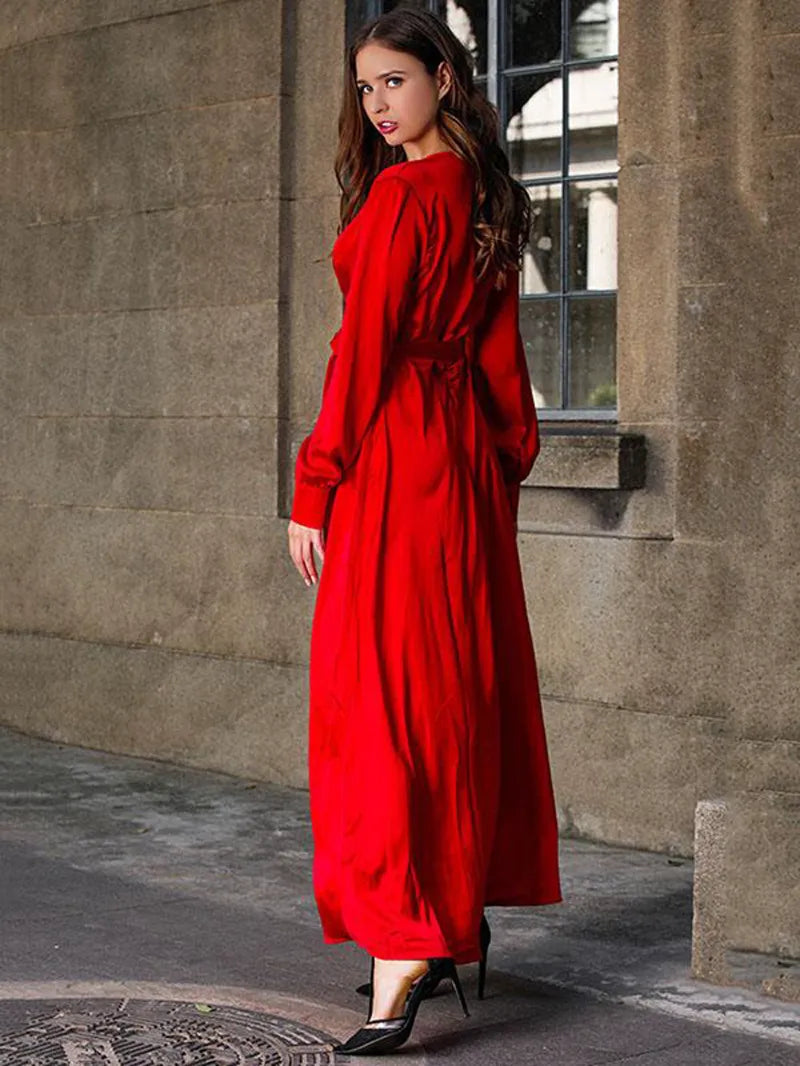 Hem Split Long Sleeves Deep V Neck Maxi Dress