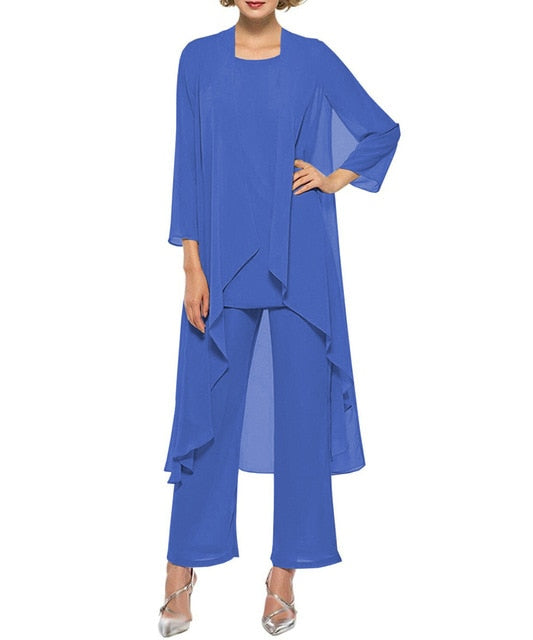 Chiffon Pleated Three Piece Blazer Blouse and Pants Dress Suit