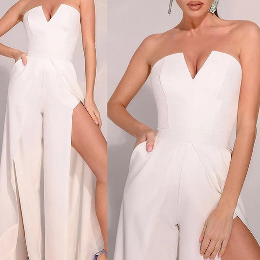 Strapless Hollow High Slit Long Pants Jumpsuit