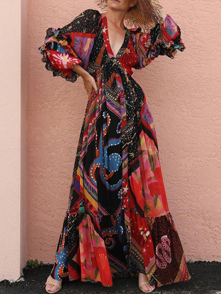 V-Neck Bohemian Loose Maxi Print Vintage Dress