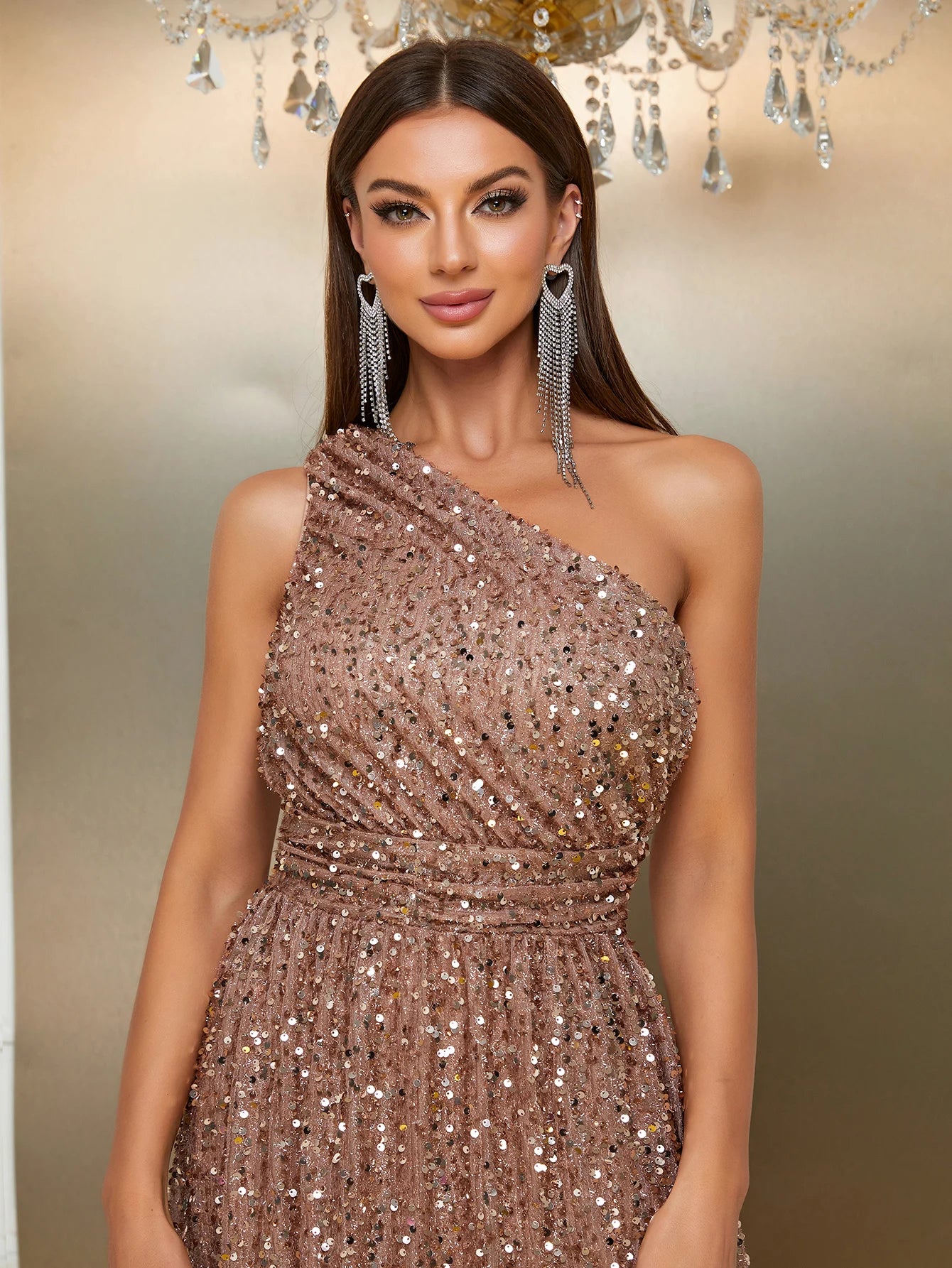 One Shoulder Sequin Evening Dress with Slit