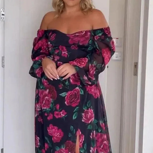 Off-Shoulder V Neck Lantern Sleeve Floral Printed Slit Dress