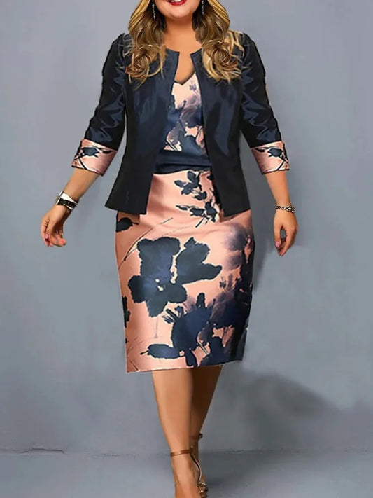 Print Two-Piece Long Sleeve Suit Coat And Wrapped Hip Pencil Dress
