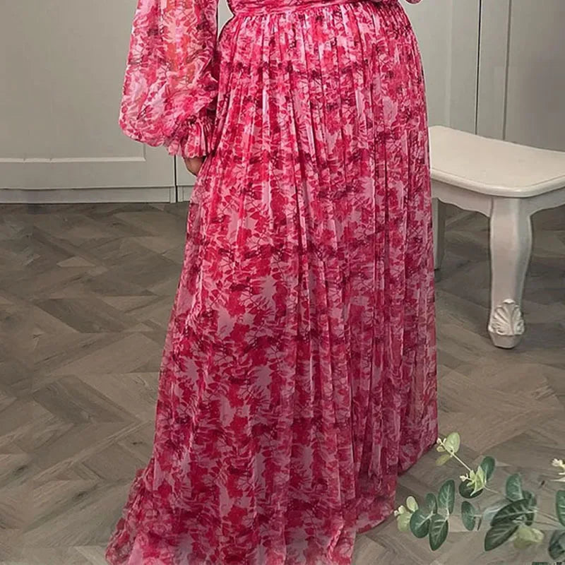 Top Pleated Off Shoulder Floral Printed Maxi Dress
