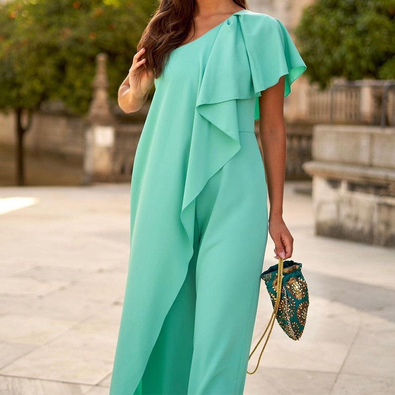Casual Off-Shoulder Ruffle Straight Sleeve Jumpsuit
