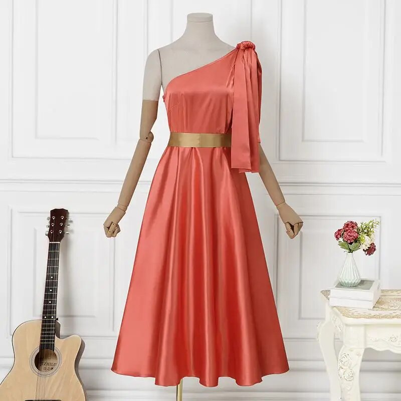 Off Shoulder Satin Belted Sleeveless Dress