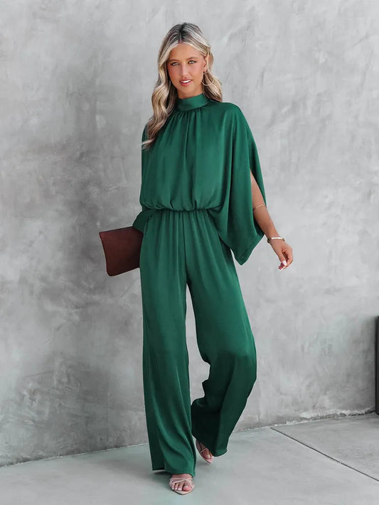 Elegant Casual Long Sleeve Elastic Waist Loose Wide Legs Pant Jumpsuit