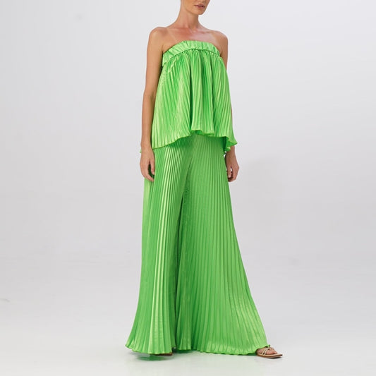 Off Shoulder Strapless Tops With Large Flared Wide Leg Pant Pleated Set