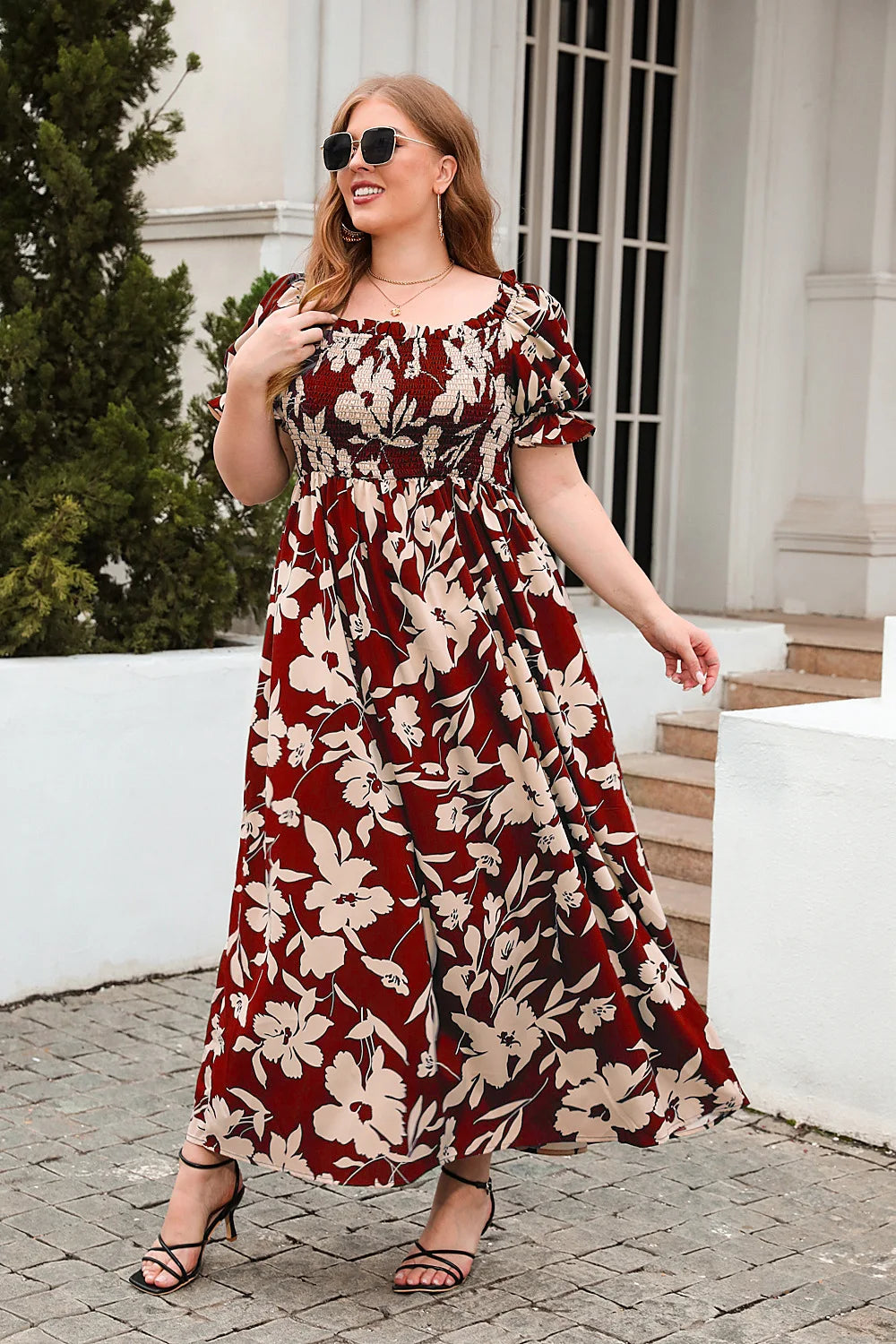 Square Neck Floral Print Puff Sleeve Swing Maxi Dress