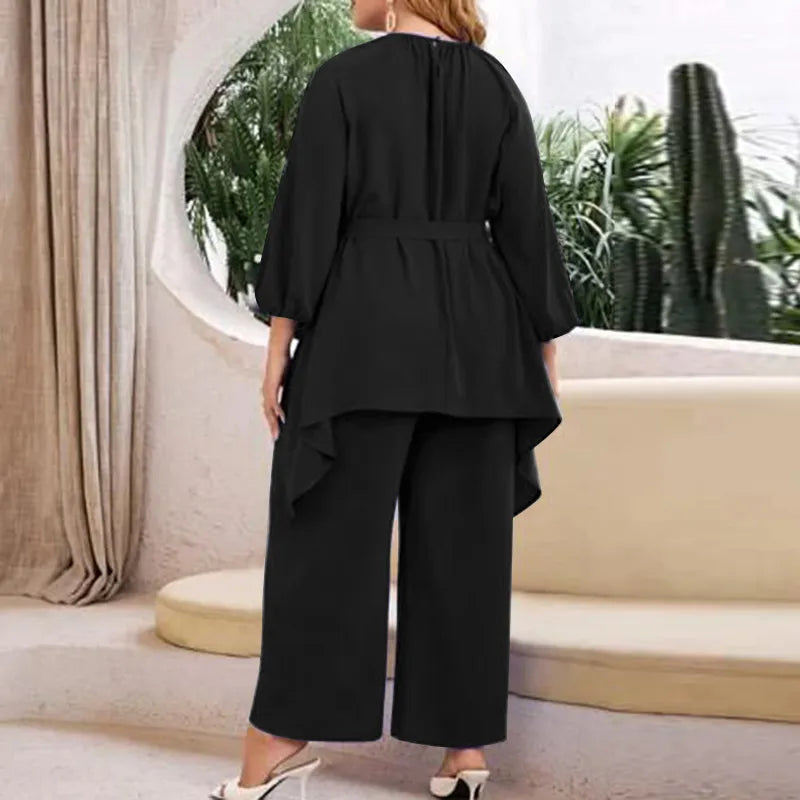 Asymmetrical Belted Blouse And Elastic Waist Wide Leg Pants Set